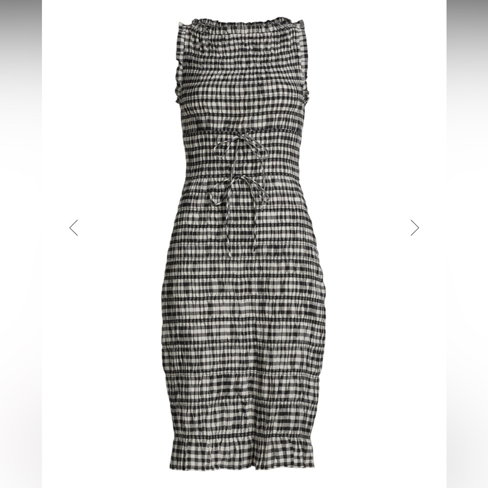 DÔEN Rosella Smocked Plaid Knee-Length Dress Black White Gingham Medium - Picture 3 of 11